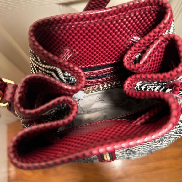 Elizabeth and James Geometric Bucket Bag – Black/White with Burgundy Strap - Picture 11 of 16